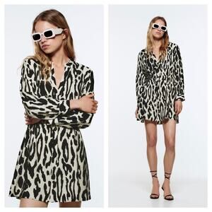 Zara Animal Print Long Sleeve Aline Button Mini Shirt Dress XS Chic Classic